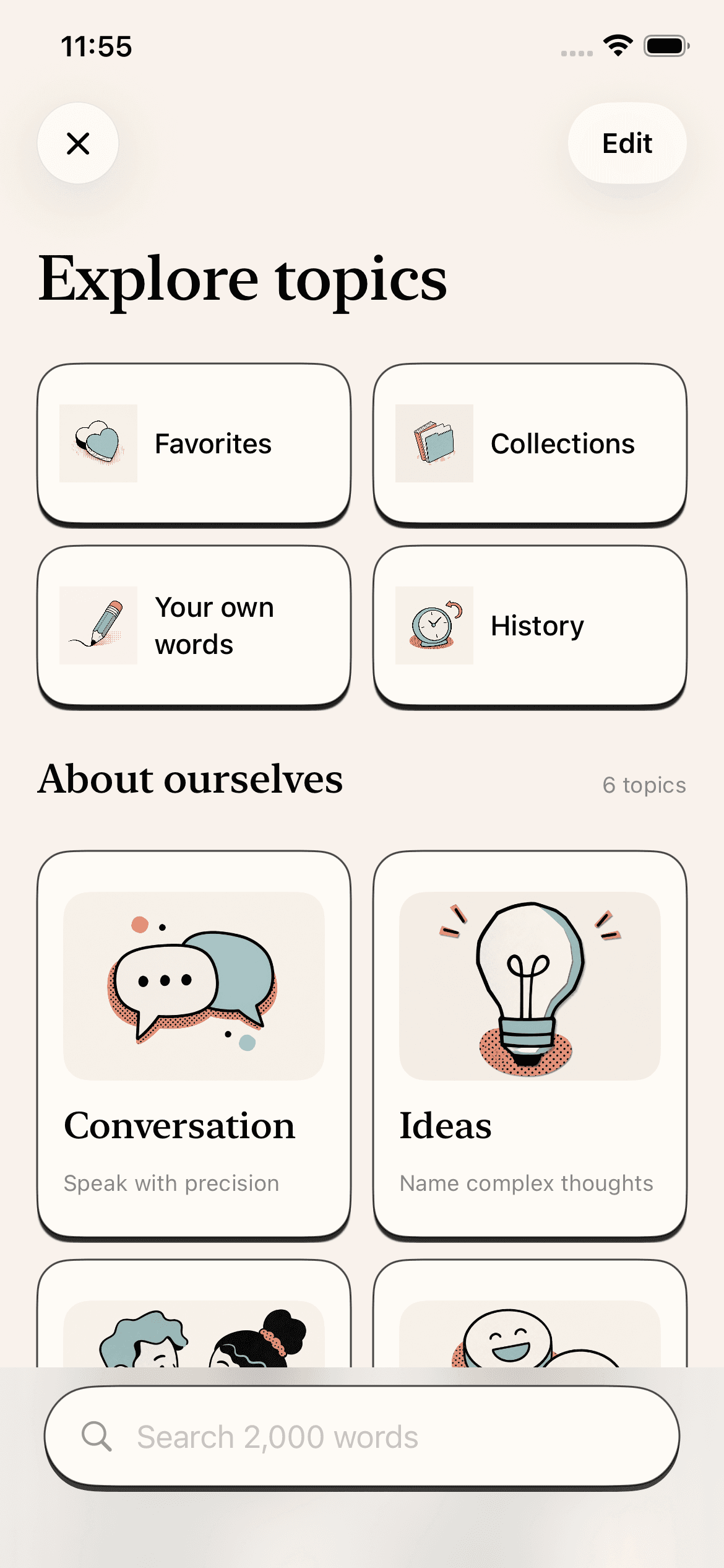 Apt Words Explore topics screen