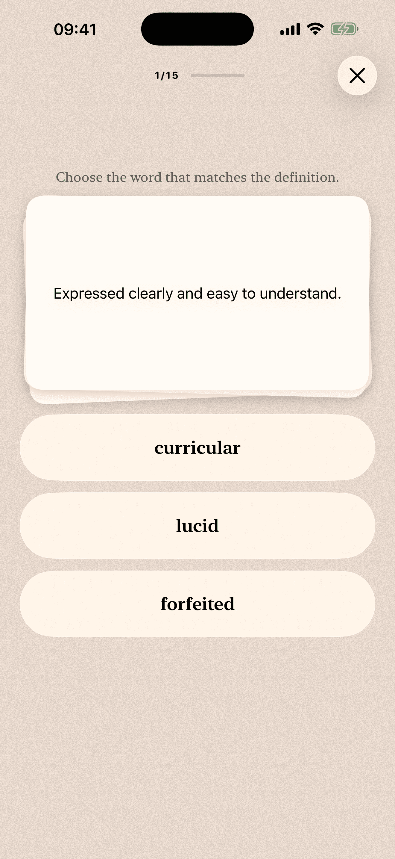 Quiz Me screen in Apt Words