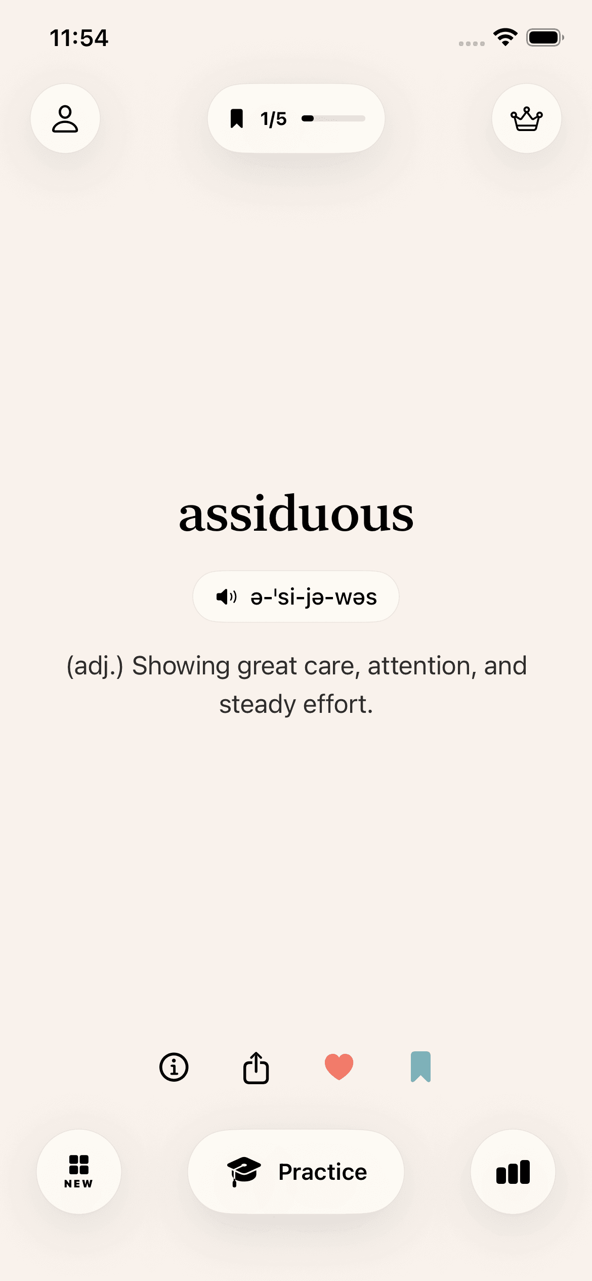 Apt Words daily word screen showing assiduous
